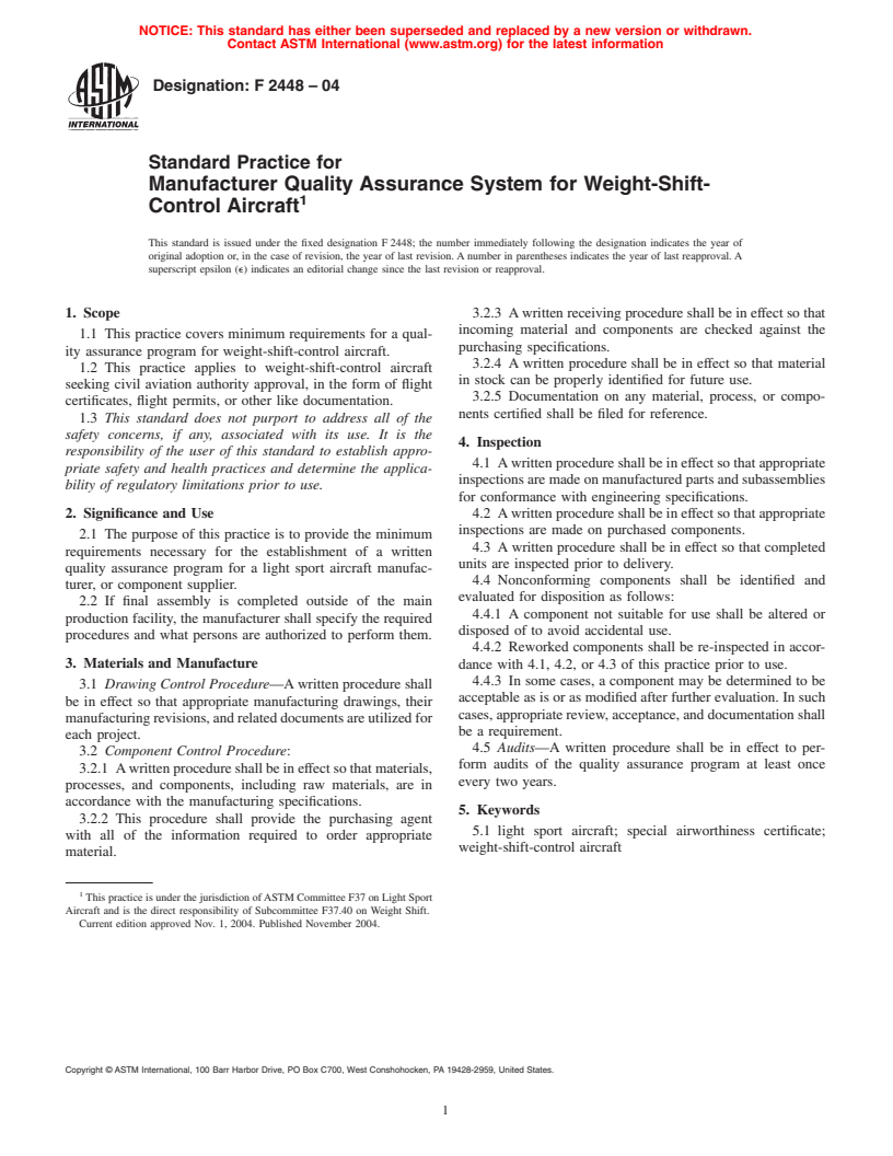 ASTM F2448-04 - Standard Practice for Manufacturer Quality Assurance System for Weight-Shift-Control Aircraft