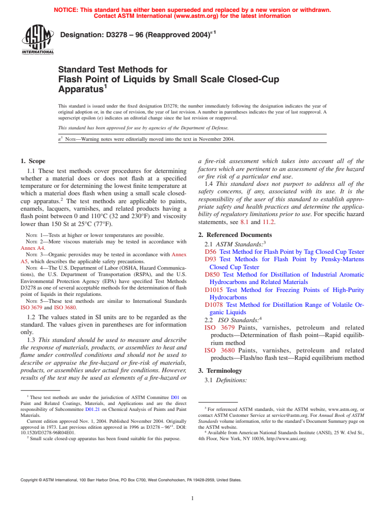 ASTM D3278-96(2004)e1 - Standard Test Methods for Flash Point of Liquids by Small Scale Closed-Cup Apparatus