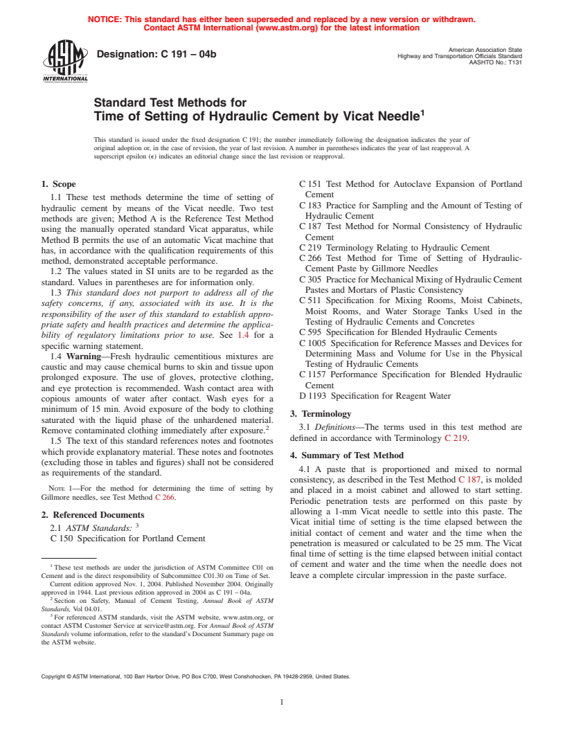 ASTM C191-04b - Standard Test Method for Time of Setting of Hydraulic Cement by Vicat Needle