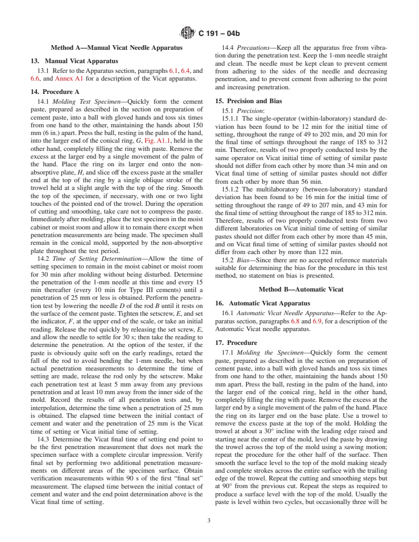 ASTM C191-04b - Standard Test Method for Time of Setting of Hydraulic Cement by Vicat Needle