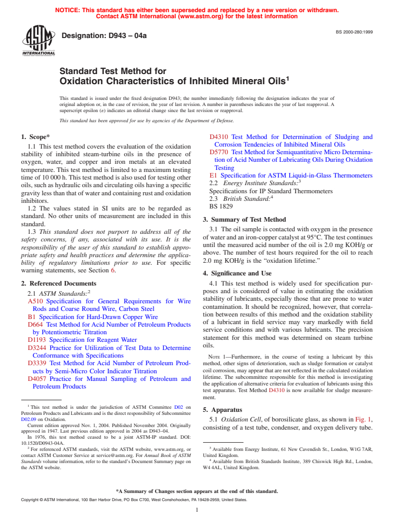 ASTM D943-04a - Standard Test Method for Oxidation Characteristics of Inhibited Mineral Oils