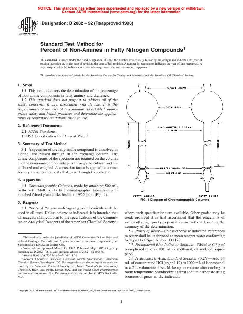 ASTM D2082-92(1998) - Standard Test Method for Percent of Non-Amines in Fatty Nitrogen Compounds (Withdrawn 2007)