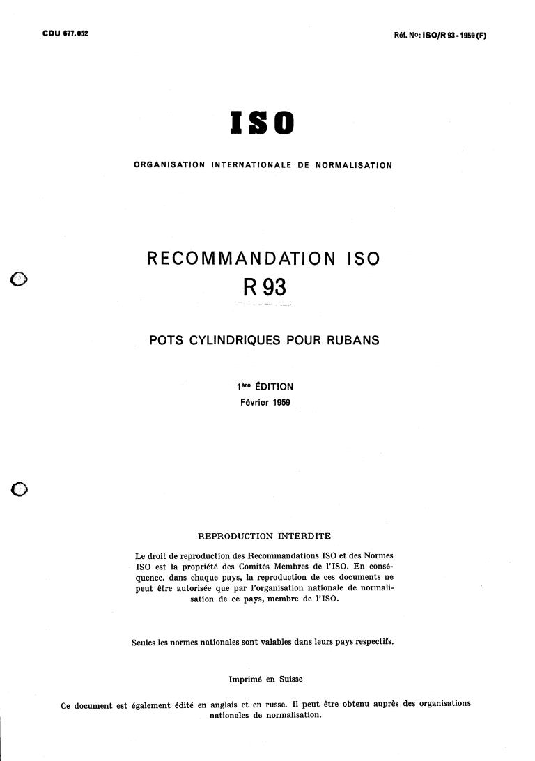 ISO/R 93-1:1963 - Withdrawal of ISO/R 93/1-1963
Released:12/1/1963