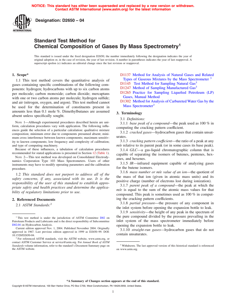 ASTM D2650-04 - Standard Test Method for Chemical Composition of Gases By Mass Spectrometry