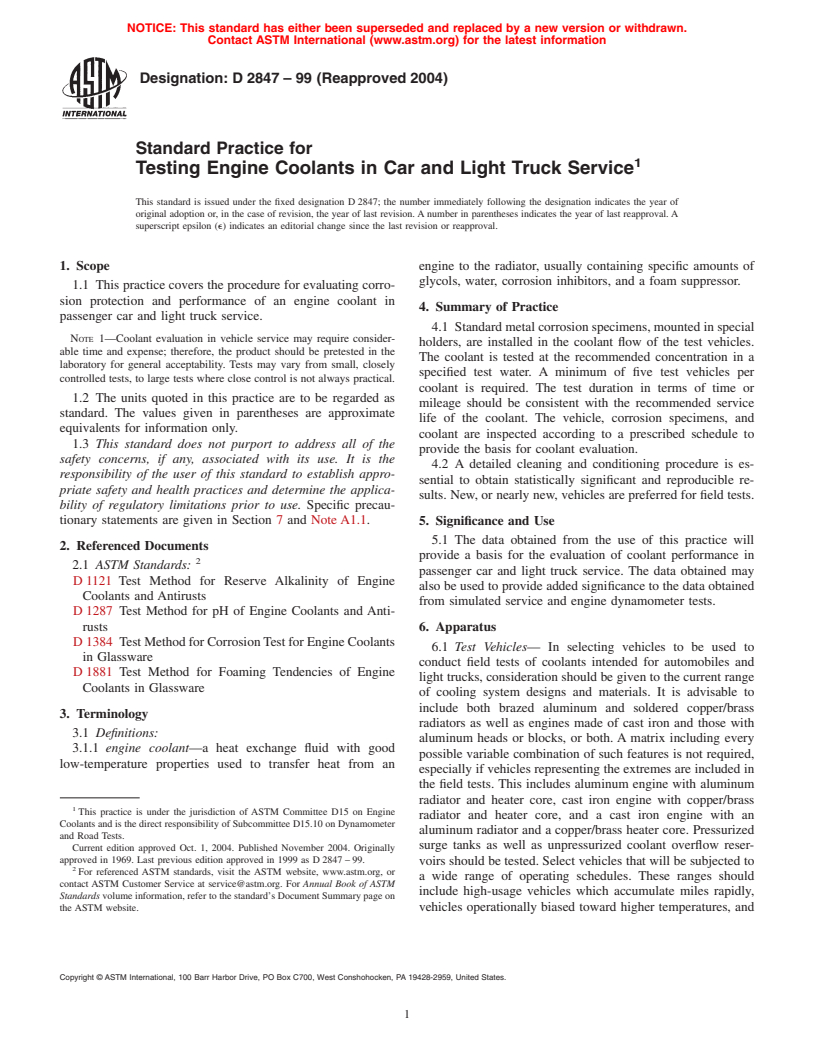 ASTM D2847-99(2004) - Standard Practice for Testing Engine Coolants in Car and Light Truck Service