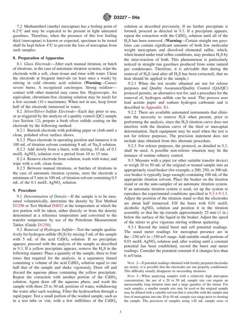 ASTM D3227-04a - Standard Test Method for (Thiol Mercaptan) Sulfur in Gasoline, Kerosine, Aviation Turbine, and Distillate Fuels (Potentiometric Method)