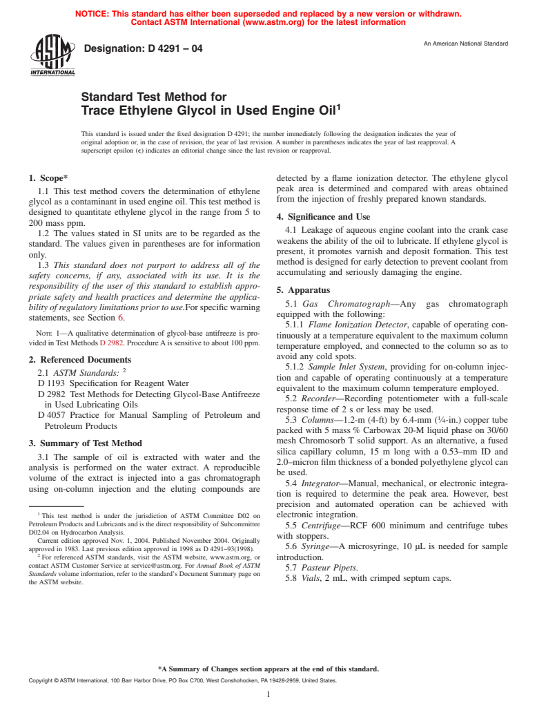 ASTM D4291-04 - Standard Test Method for Trace Ethylene Glycol in Used Engine Oil
