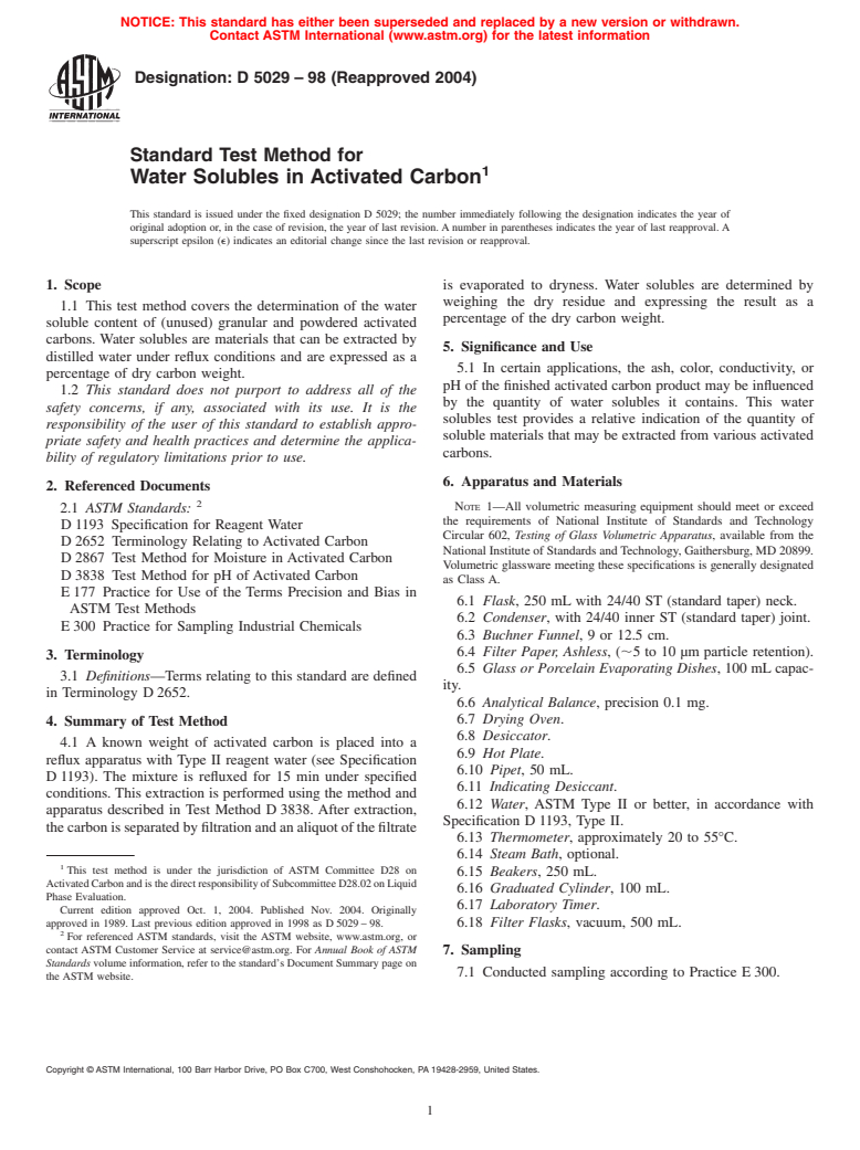 ASTM D5029-98(2004) - Standard Test Method for Water Solubles in Activated Carbon