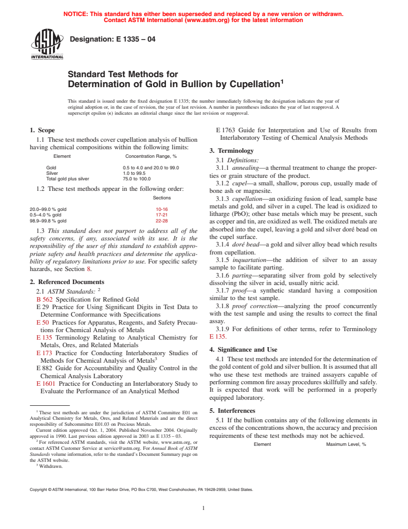 ASTM E1335-04 - Standard Test Methods for Determination of Gold in Bullion by Cupellation