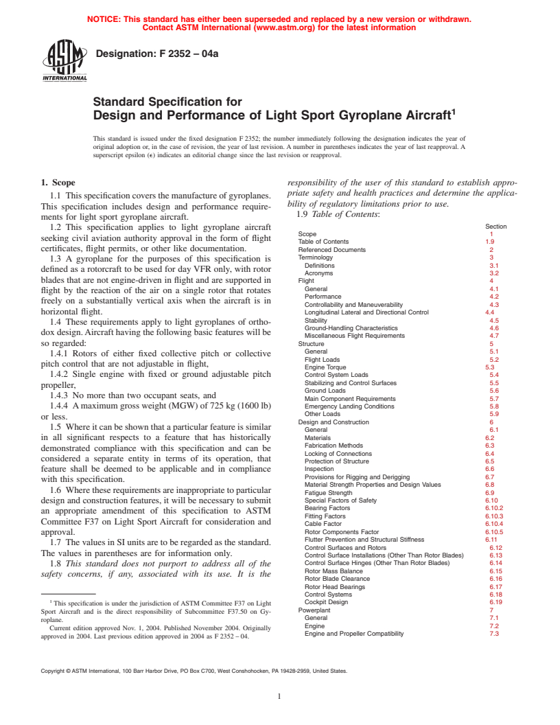 ASTM F2352-04a - Standard Specification for Design and Performance of Light Sport Gyroplane Aircraft