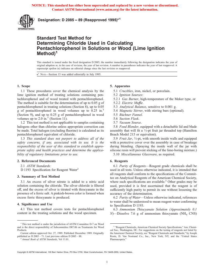 ASTM D2085-89(1995)e1 - Standard Test Method for Determining Chloride Used in Calculating Pentachlorophenol in Solutions or Wood (Lime Ignition Method)