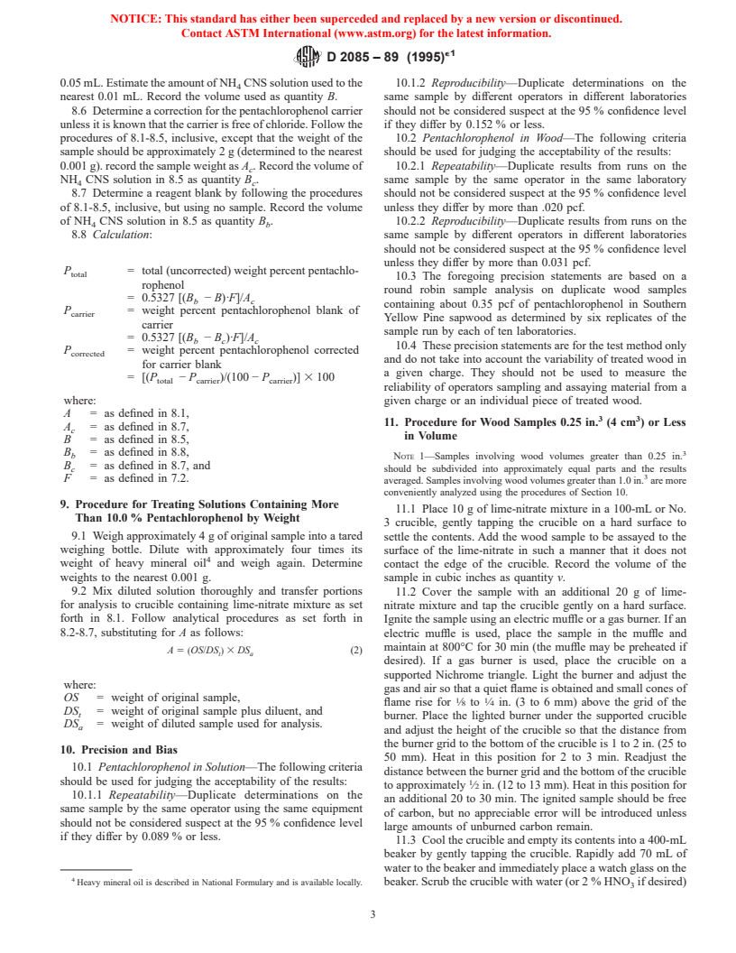 ASTM D2085-89(1995)e1 - Standard Test Method for Determining Chloride Used in Calculating Pentachlorophenol in Solutions or Wood (Lime Ignition Method)