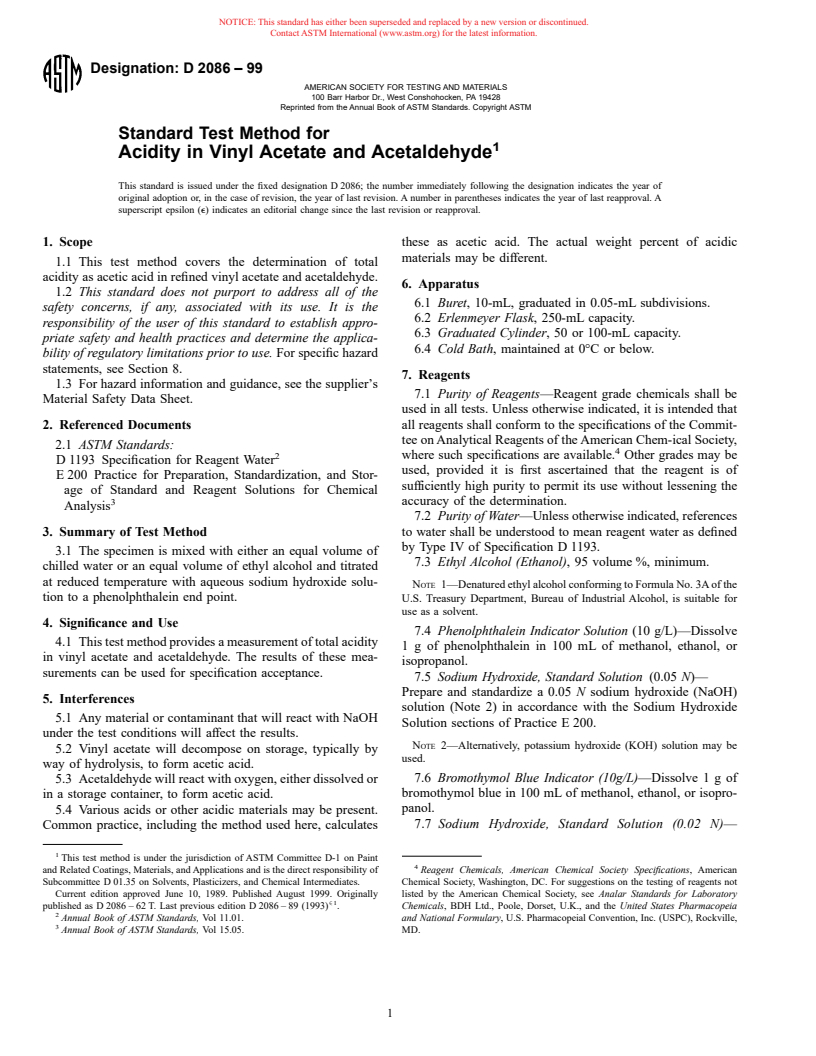 ASTM D2086-99 - Standard Test Method for Acidity in Vinyl Acetate and Acetaldehyde