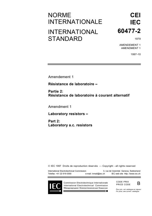 IEC 60477-2:1979/AMD1:1997 - Amendment 1 - Laboratory resistors. Part 2: Laboratory a.c. resistors
