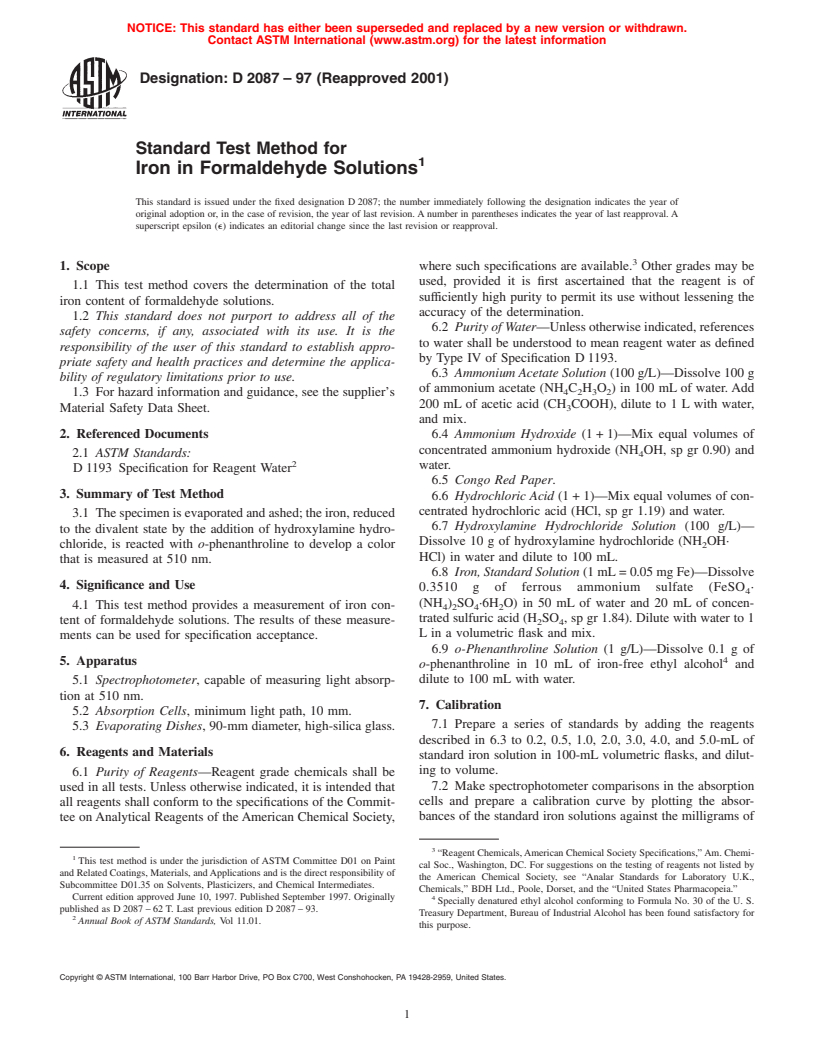 ASTM D2087-97(2001) - Standard Test Method for Iron in Formaldehyde Solutions