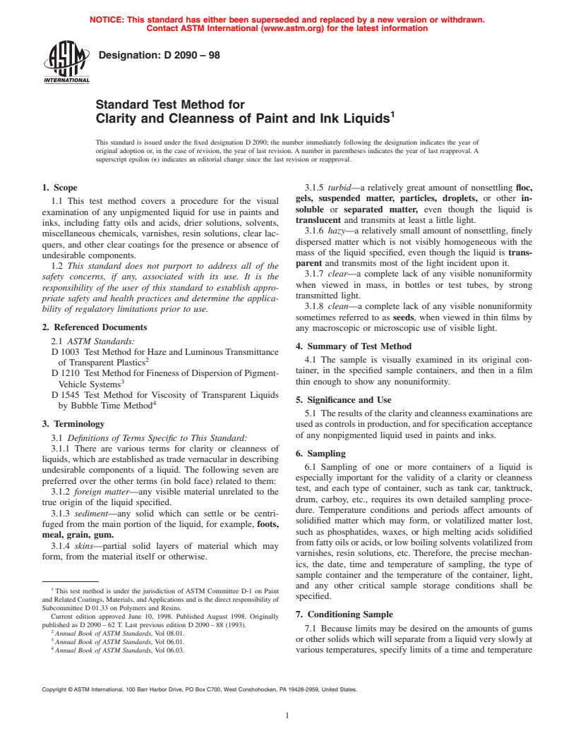 ASTM D2090-98 - Standard Test Method for Clarity and Cleanness of Paint and Ink Liquids (Withdrawn 2007)