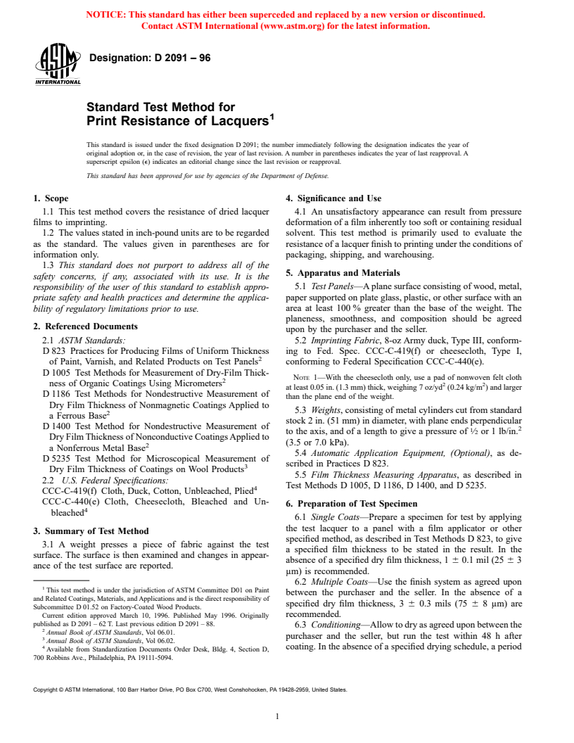 ASTM D2091-96 - Standard Test Method for Print Resistance of Lacquers