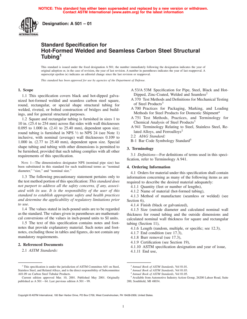 ASTM A501-01 - Standard Specification for Hot-Formed Welded and Seamless Carbon Steel Structural Tubing