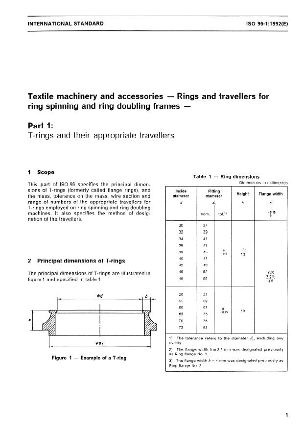 ISO 96-1:1992 - Textile machinery and accessories -- Rings and travellers for ring spinning and ring doubling frames
