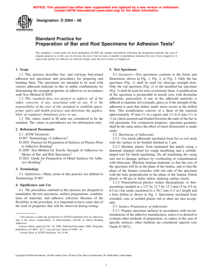 ASTM D2094-00 - Standard Practice for Preparation of Bar and Rod Specimens for Adhesion Tests