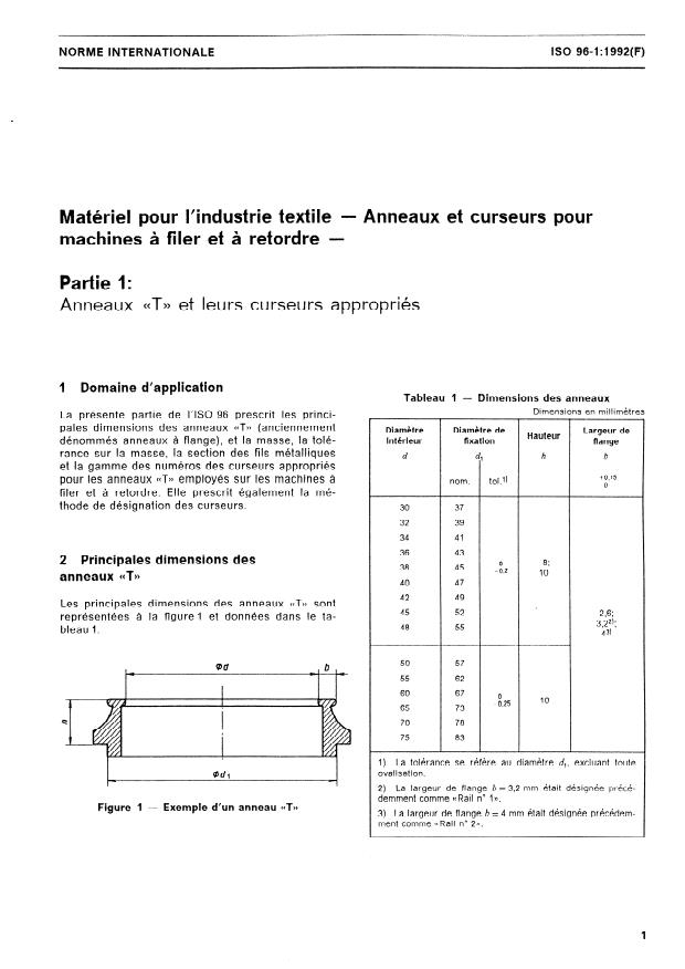 ISO 96-1:1992 - Matériel pour l'industrie textile -- Anneaux et curseurs pour machines a filer et a retordre