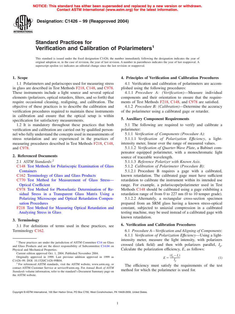 ASTM C1426-99(2004) - Standard Practices for Verification and Calibration of Polarimeters