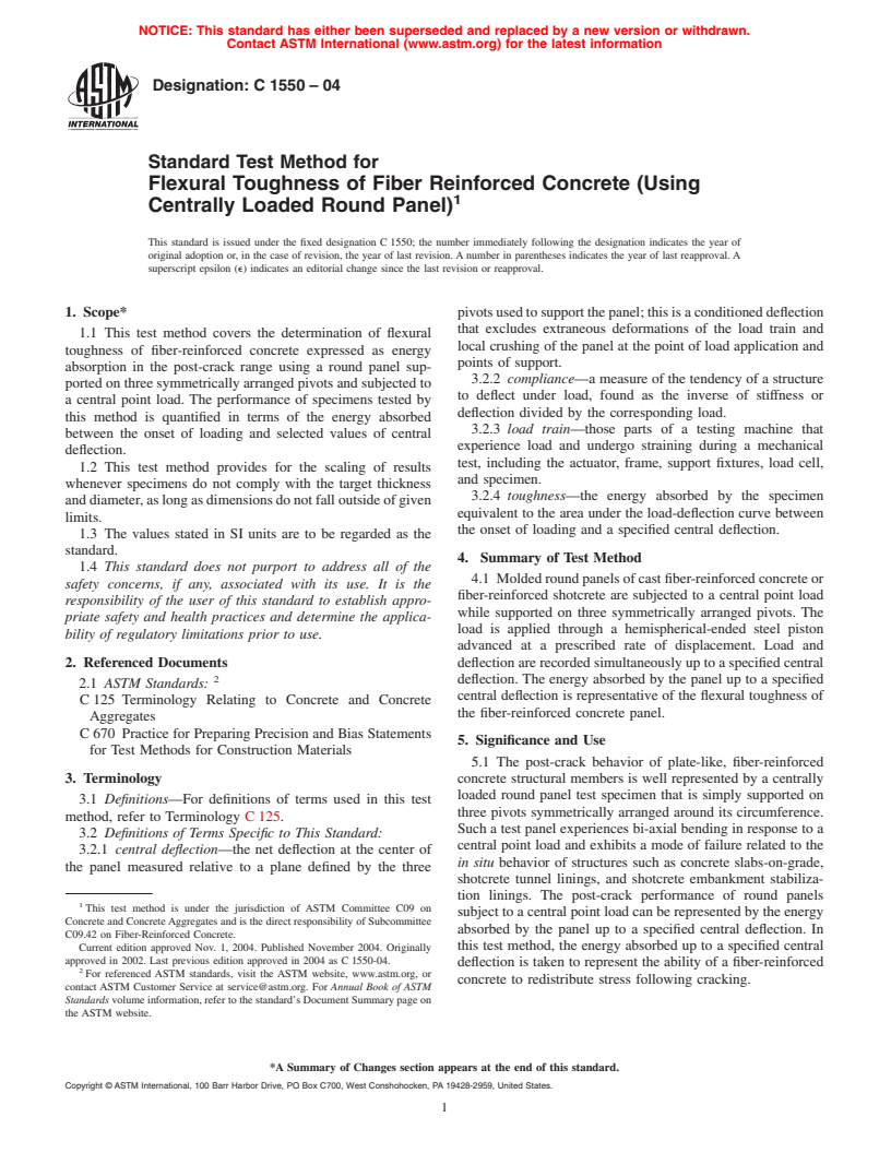 ASTM C1550-04 - Standard Test Method for Flexural Toughness of Fiber Reinforced Concrete (Using Centrally Loaded Round Panel)