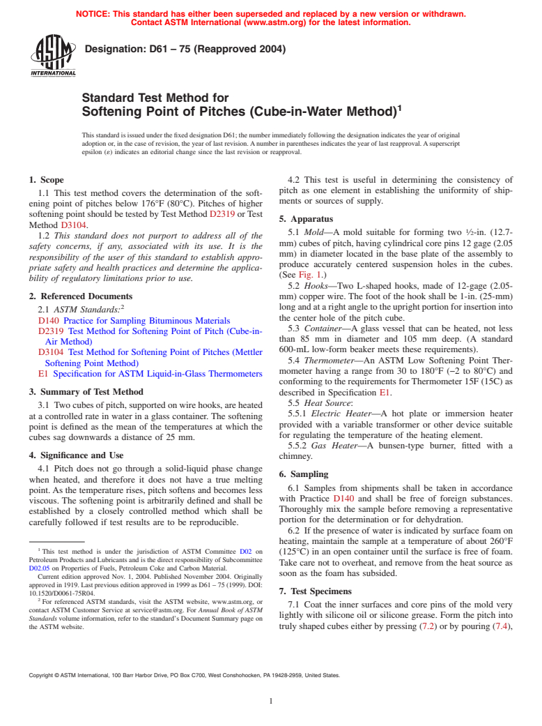 ASTM D61-75(2004) - Standard Test Method for Softening Point of Pitches (Cube-in-Water Method)