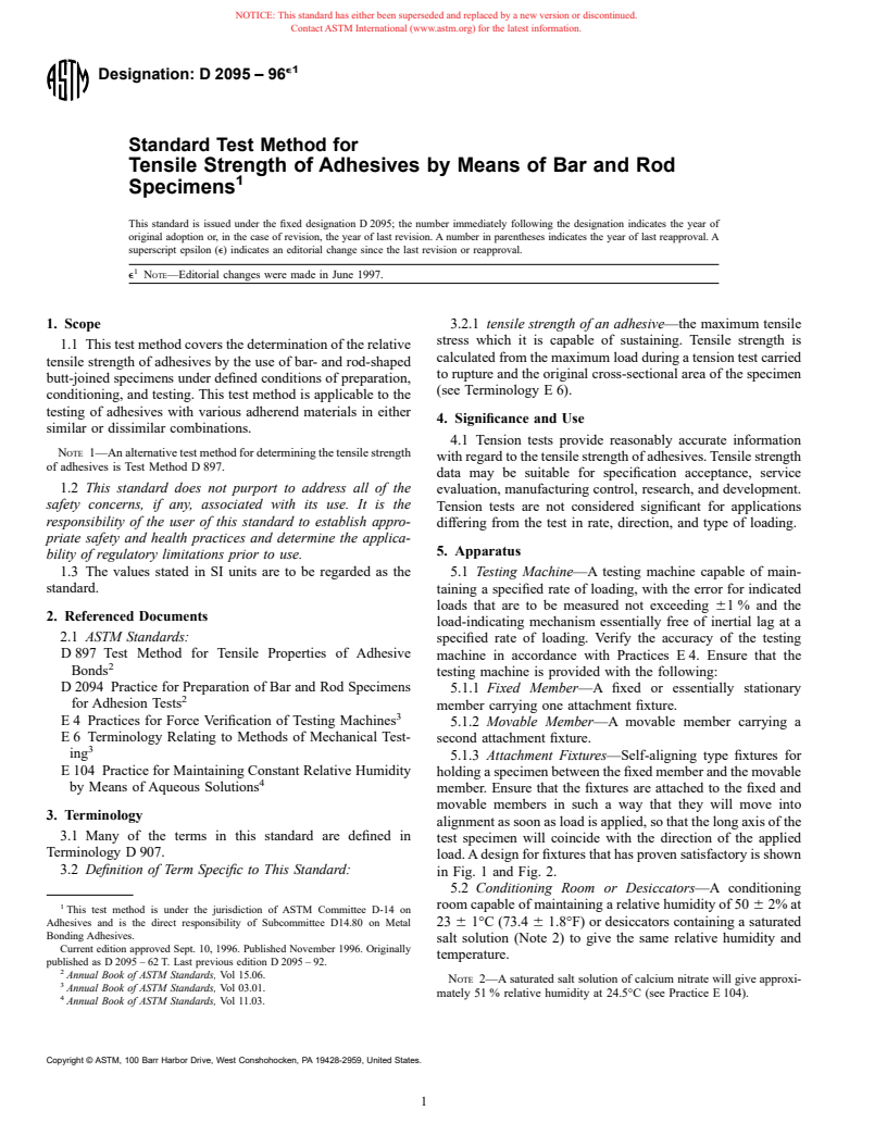 ASTM D2095-96e1 - Standard Test Method for Tensile Strength of Adhesives by Means of Bar and Rod Specimens