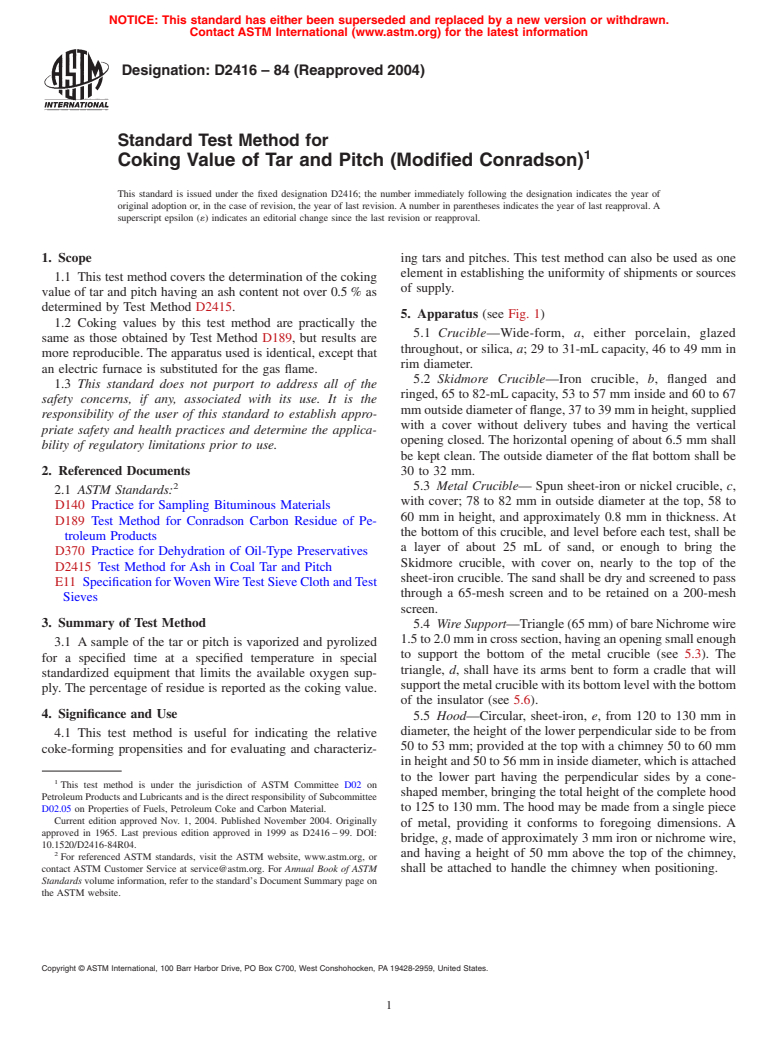 ASTM D2416-84(2004) - Standard Test Method for Coking Value of Tar and Pitch (Modified Conradson)