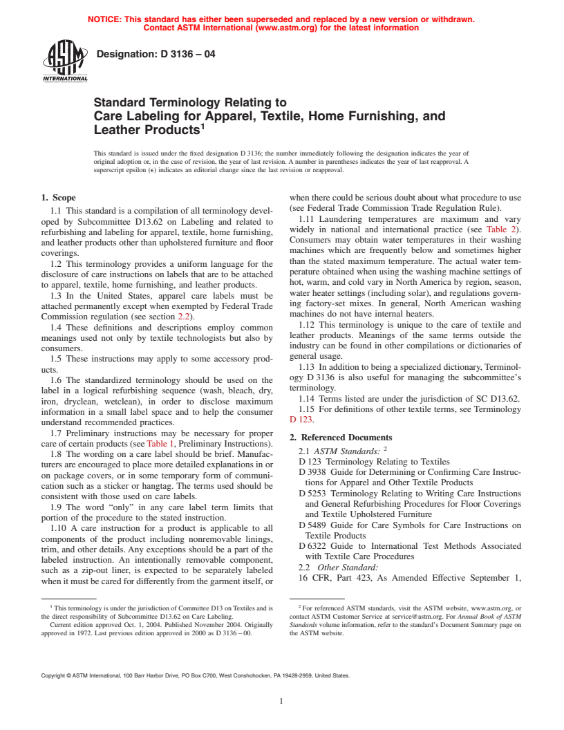 ASTM D3136-04 - Standard Terminology Relating to Care Labeling for Apparel, Textile, Home Furnishing, and Leather Products