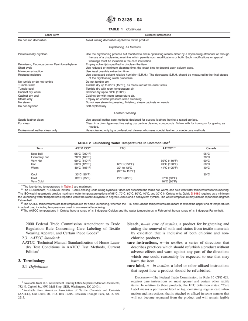 ASTM D3136-04 - Standard Terminology Relating to Care Labeling for Apparel, Textile, Home Furnishing, and Leather Products