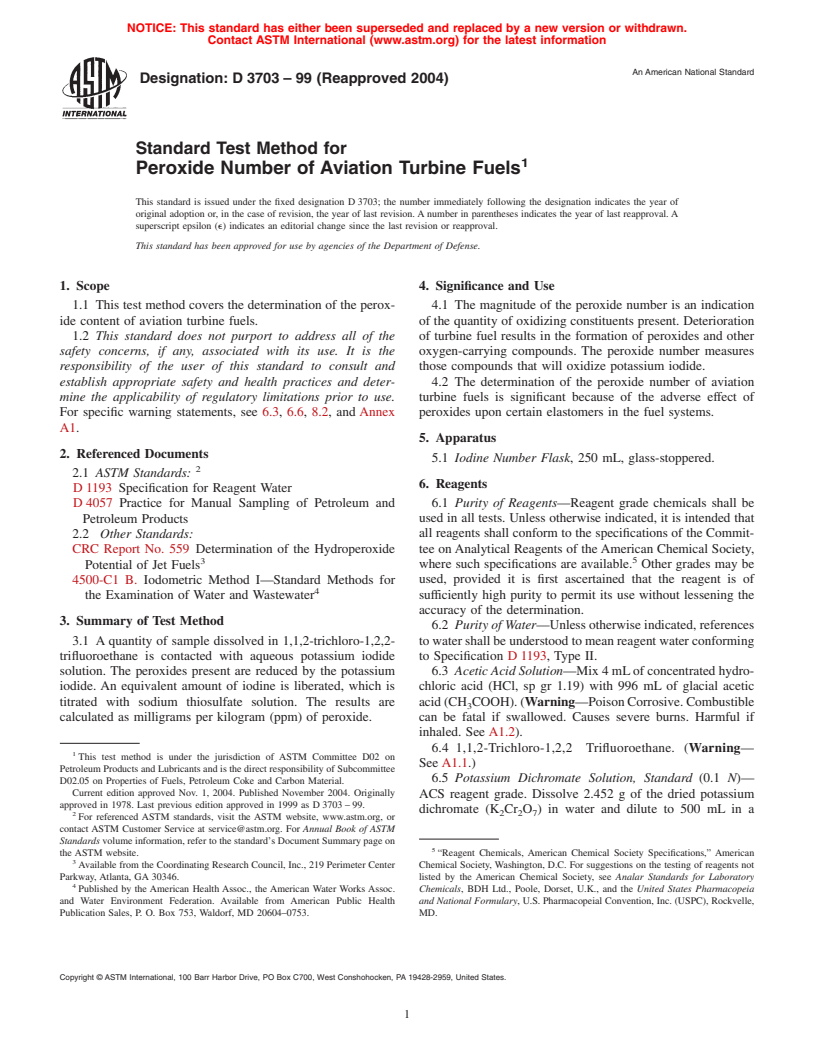 ASTM D3703-99(2004) - Standard Test Method for Peroxide Number of Aviation Turbine Fuels