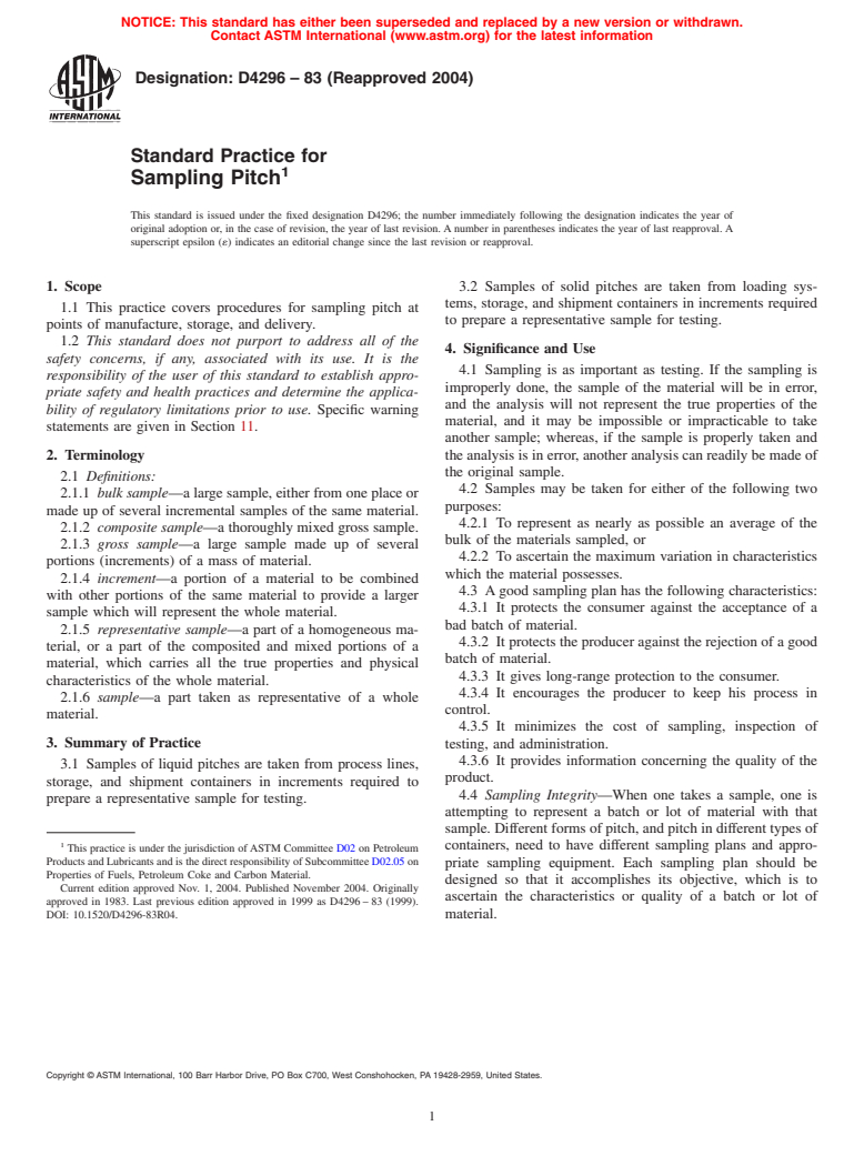 ASTM D4296-83(2004) - Standard Practice for Sampling Pitch