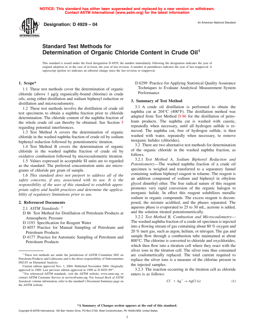 ASTM D4929-04 - Standard Test Methods for Determination of Organic Chloride Content in Crude Oil