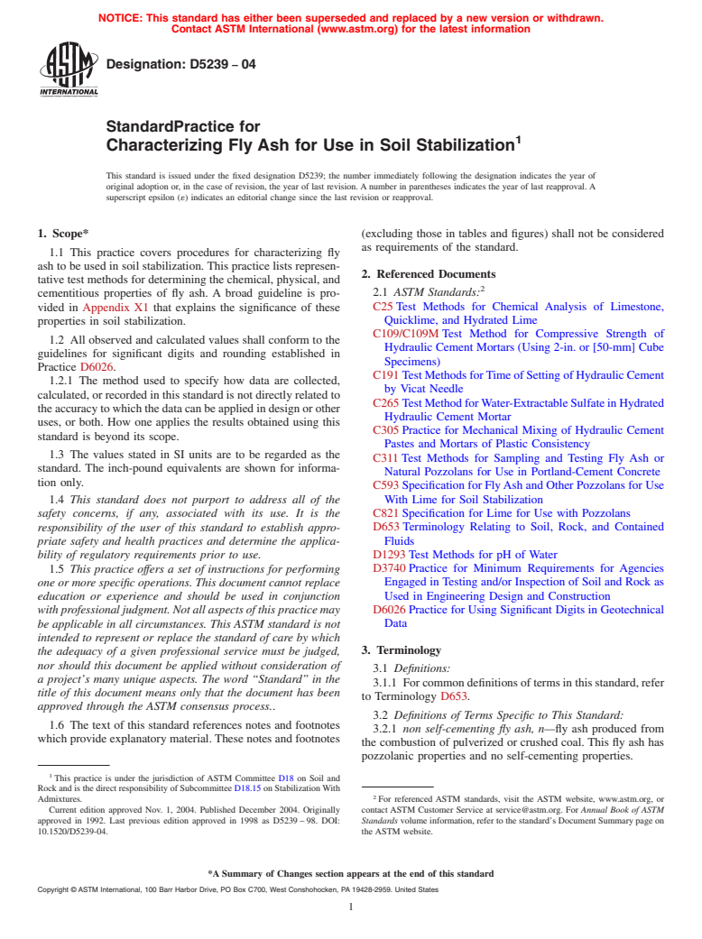 ASTM D5239-04 - Standard Practice for Characterizing Fly Ash for Use in Soil Stabilization