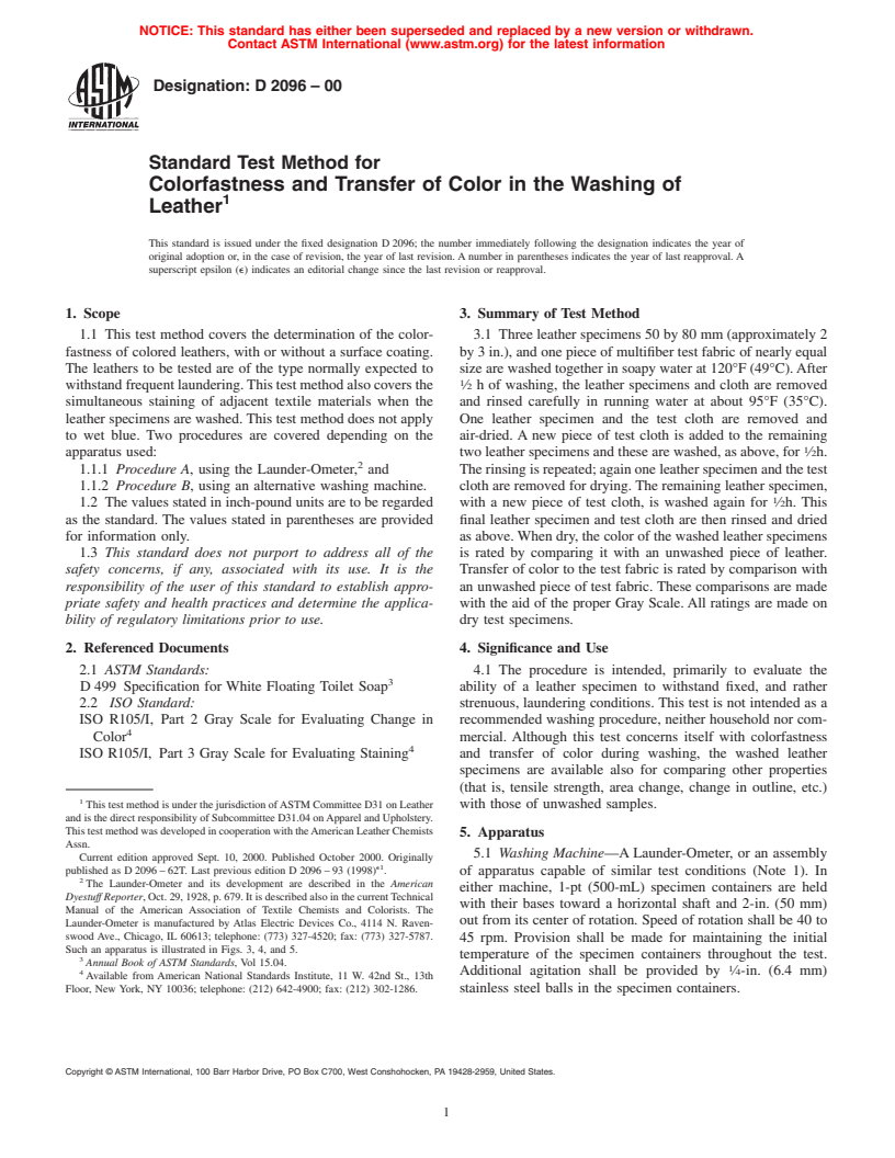 ASTM D2096-00 - Standard Test Method for Colorfastness and Transfer of Color in the Washing of Leather