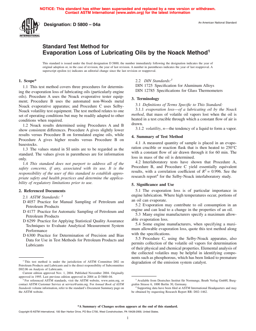 ASTM D5800-04a - Standard Test Method for Evaporation Loss of Lubricating Oils by the Noack Method