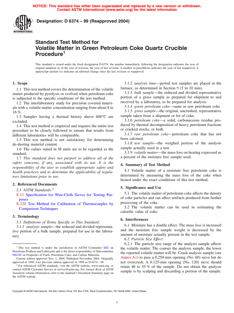 ASTM D6374-99(2004) - Standard Test Method for Volatile Matter in Green Petroleum Coke Quartz Crucible Procedure