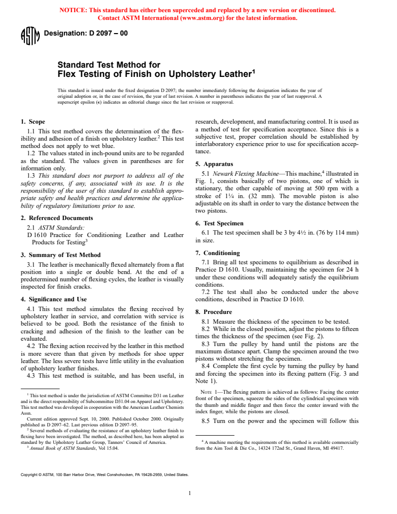 ASTM D2097-00 - Standard Test Method for Flex Testing of Finish on Upholstery Leather