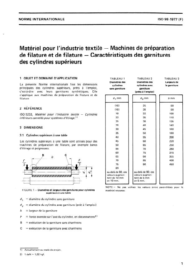 ISO 98:1977 - Matériel pour l'industrie textile -- Machines de préparation de filature et de filature -- Caractéristiques des garnitures des cylindres supérieurs