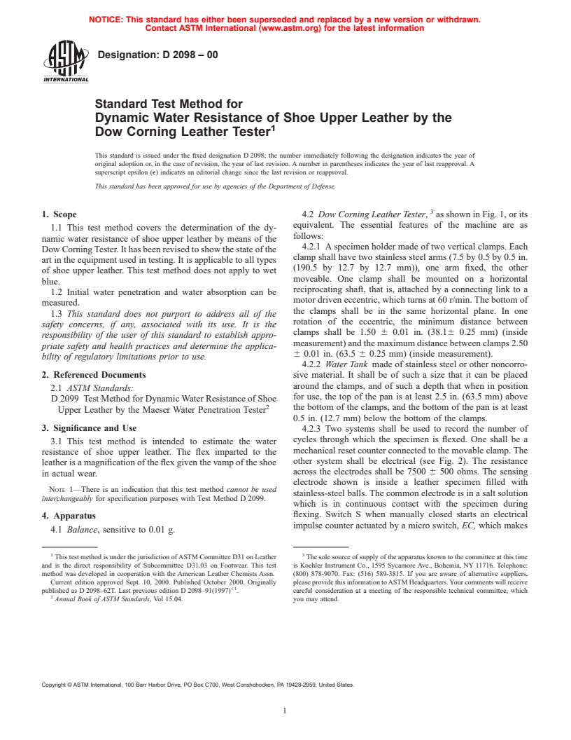 ASTM D2098-00 - Standard Test Method for Dynamic Water Resistance of Shoe Upper Leather by the Dow Corning Leather Tester