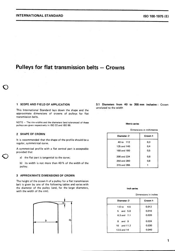 ISO 100:1975 - Pulleys for flat transmission belts -- Crowns