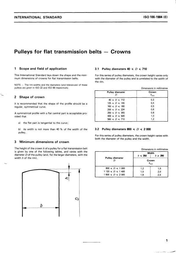 ISO 100:1984 - Pulleys for flat transmission belts -- Crowns