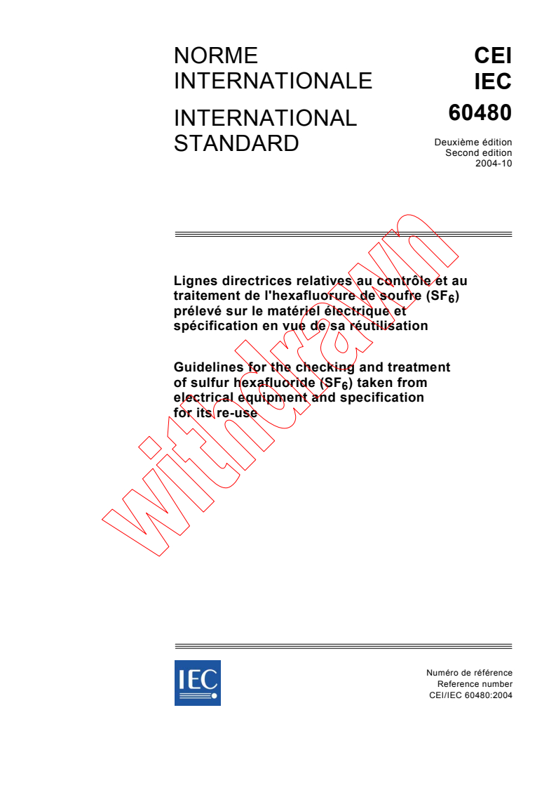 IEC 60480:2004 - Guidelines for the checking and treatment of sulfur hexafluoride (SF<sub>6</sub>) taken from electrical equipment and specification for its re-use
Released:10/14/2004
Isbn:2831876559