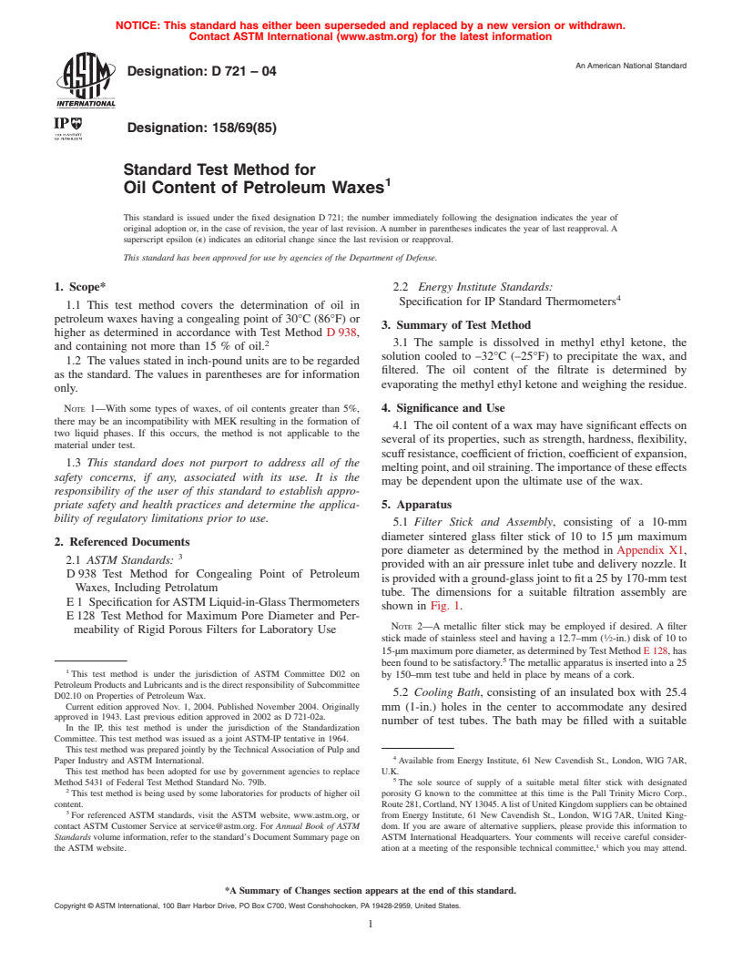 ASTM D721-04 - Standard Test Method for Oil Content of Petroleum Waxes