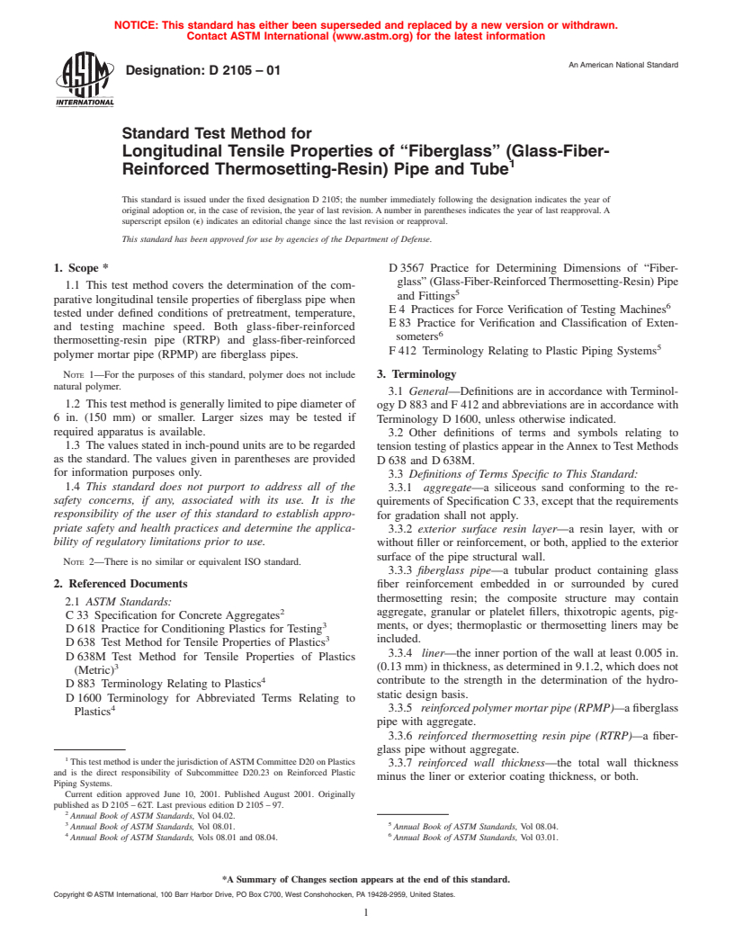 ASTM D2105-01 - Standard Test Method for Longitudinal Tensile Properties of "Fiberglass" (Glass-Fiber-Reinforced Thermosetting-Resin) Pipe and Tube