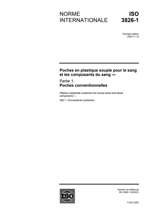ISO 3826-1:2003 - Poches en plastique souple pour le sang et les composants du sang
