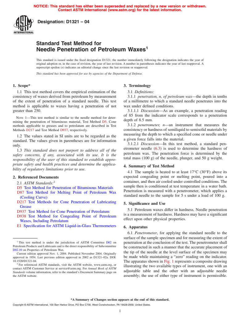 ASTM D1321-04 - Standard Test Method for Needle Penetration of Petroleum Waxes