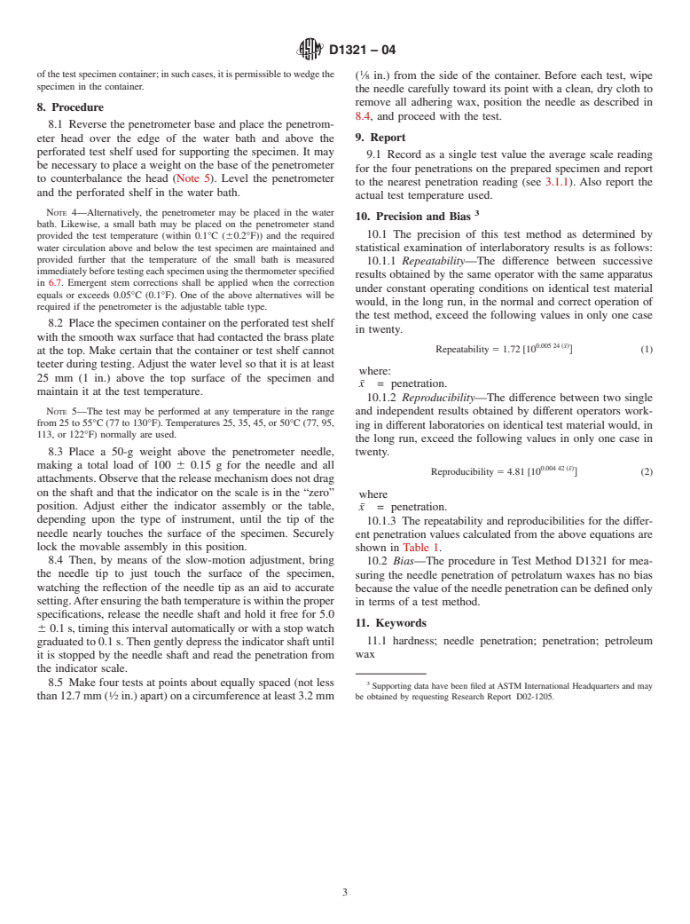 ASTM D1321-04 - Standard Test Method for Needle Penetration of Petroleum Waxes